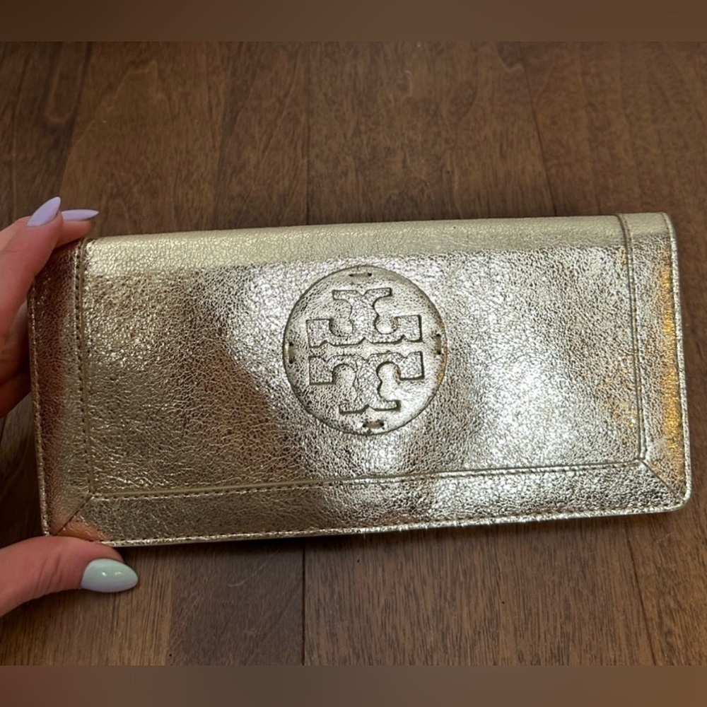 Tory Burch Metallic Gold Leather Clutch / Wallet